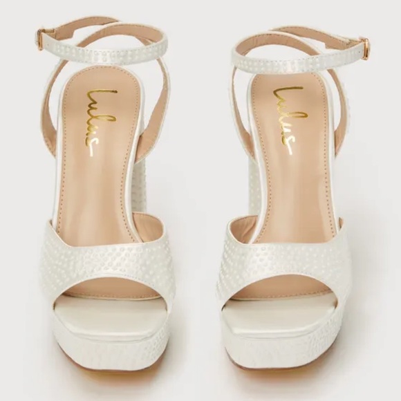 Lulus white satin pearl platform ankle strap high heel sandals size 9 - Picture 4 of 6